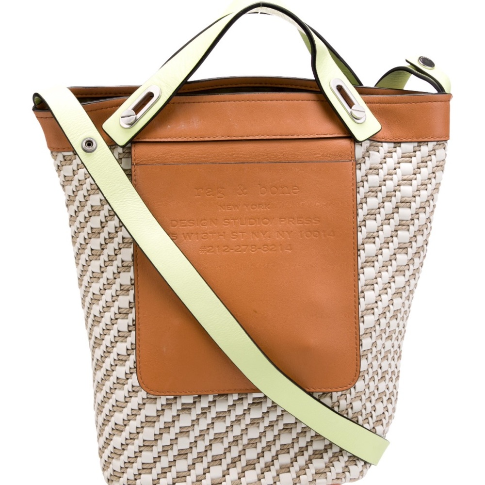 RAG & BONE Woven Leather Raffia Tan White Lime Convertible Bucket Bag $525